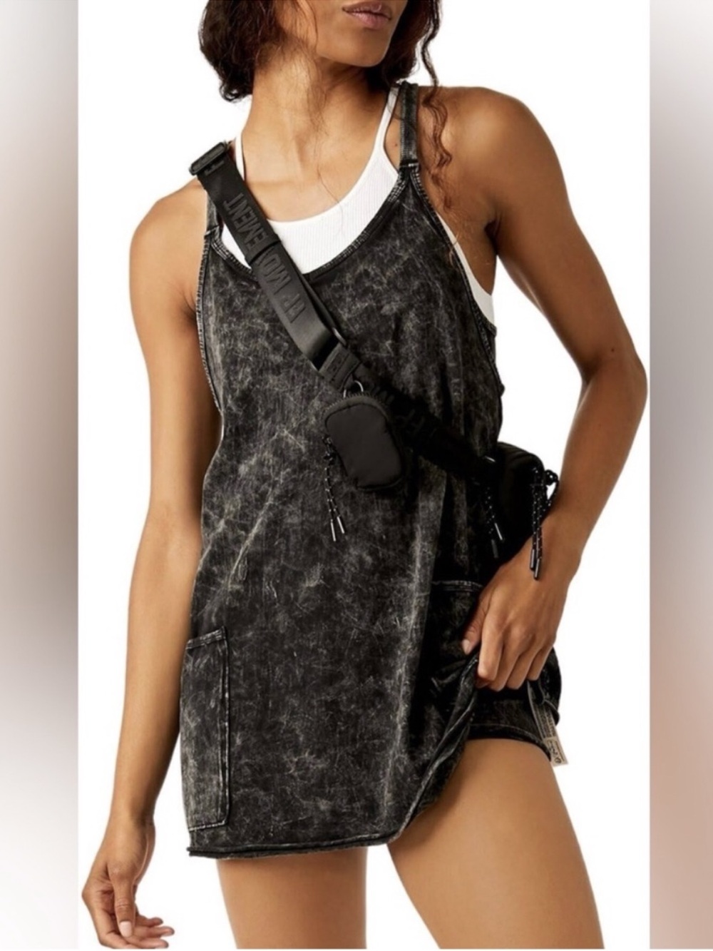 Free People Movement Hot Shot Black Distressed Pockets Mini Dress Athletic